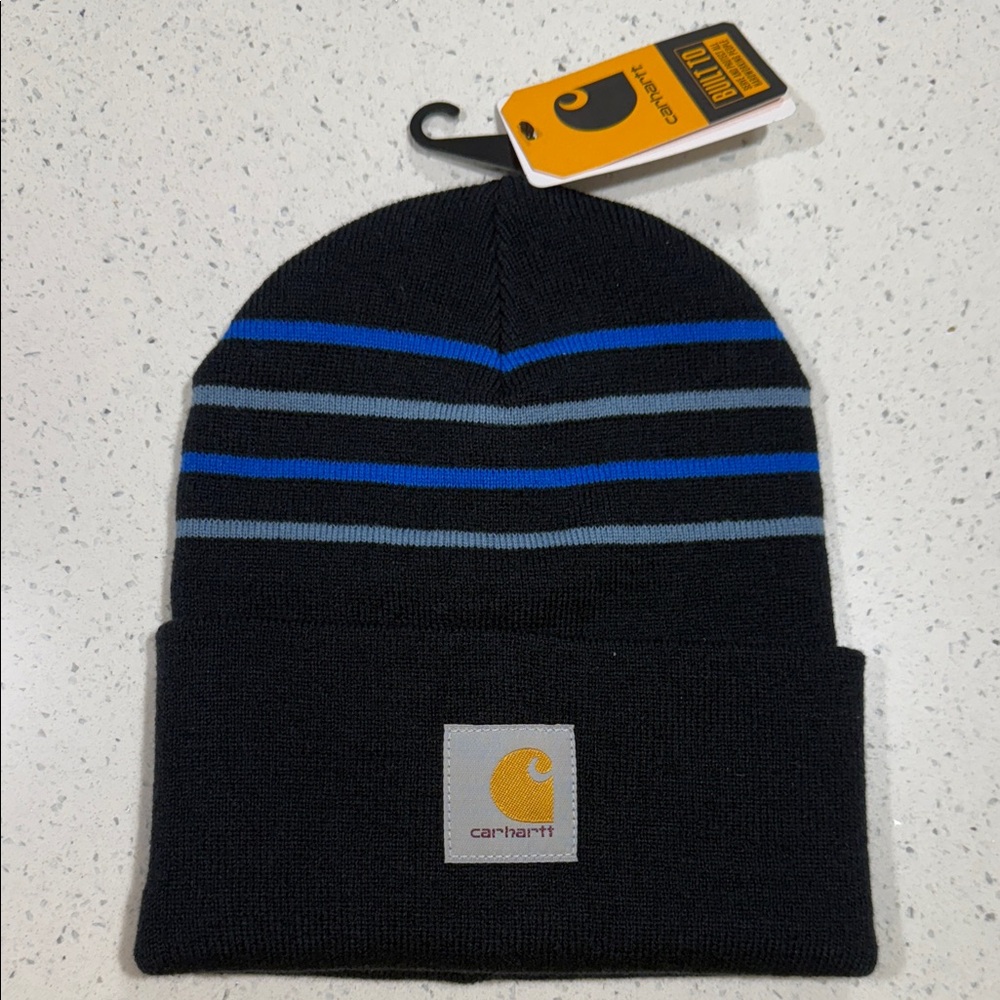 Carhartt Men's Striped Black and Blue Beanie